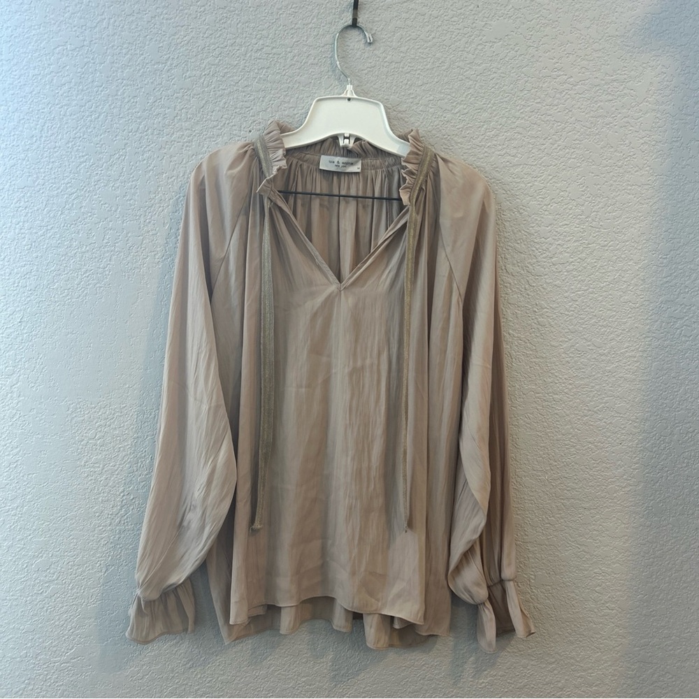 Lola & Sophie Women’s Tan Satin Tie neck Peasant Blouse with Ruffles M